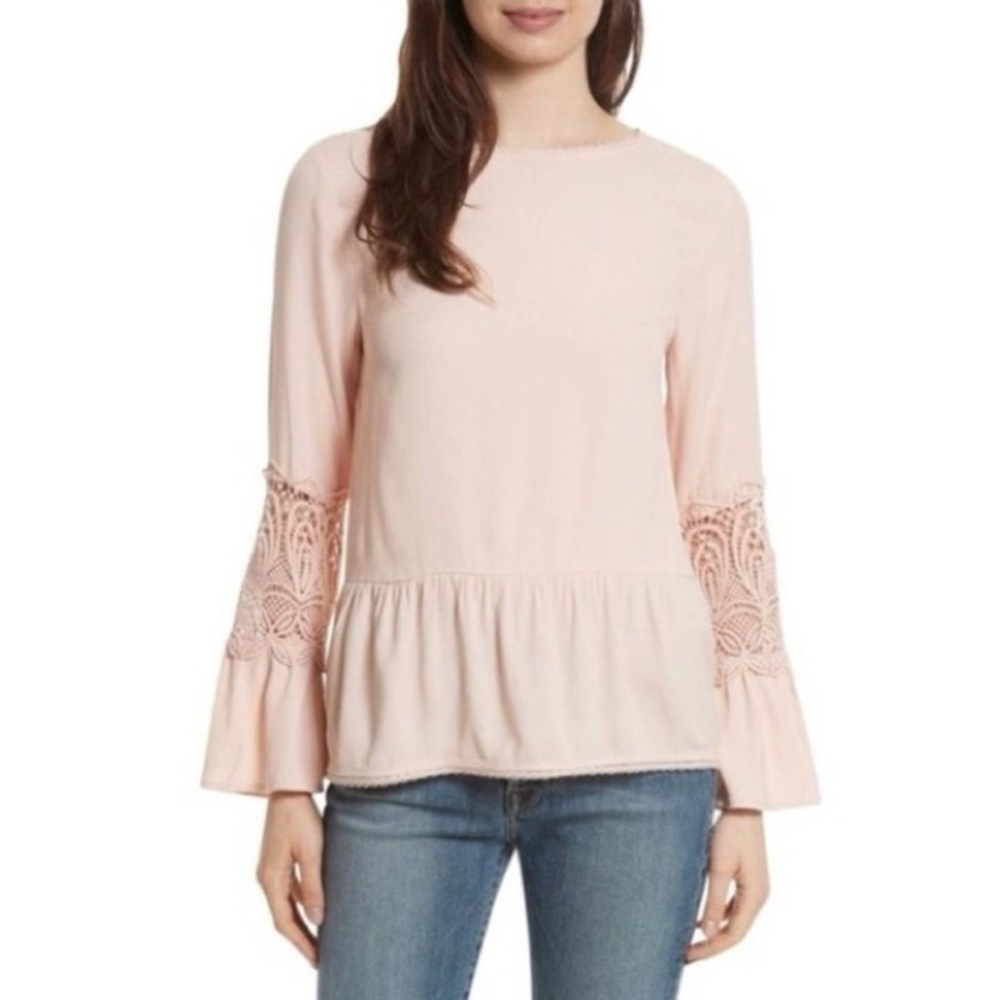 Joie‎ Peplum Blouse with Bell Sleeves & Lace Blush Pink Top Sz. Small